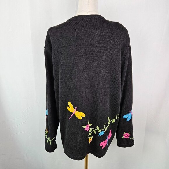 Morgan Cole Black Cardigan XL Vintage Embroidered Dragonflies Flowers - Picture 5 of 10